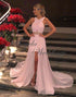 Beautiful Pink Chiffon Prom Dresses Pleated Hi-Lo Party Gowns with Pearls